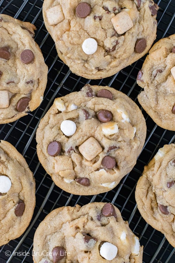 Biscoff S'mores Pudding Cookies - awesome chewy cookies loaded with cookie butter, chocolate, marshmallow, and graham chunks. Awesome dessert recipe for after school snacking or lunch boxes!