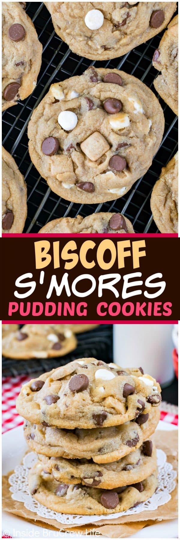 Biscoff S'mores Pudding Cookies - these soft and chewy cookies are loaded with lots of graham chunks, chocolate, and marshmallow pieces. Great recipe for lunch boxes or after school snacks!