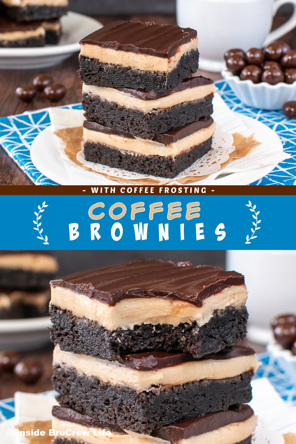 Two pictures of frosted brownies collaged together with a blue text box.