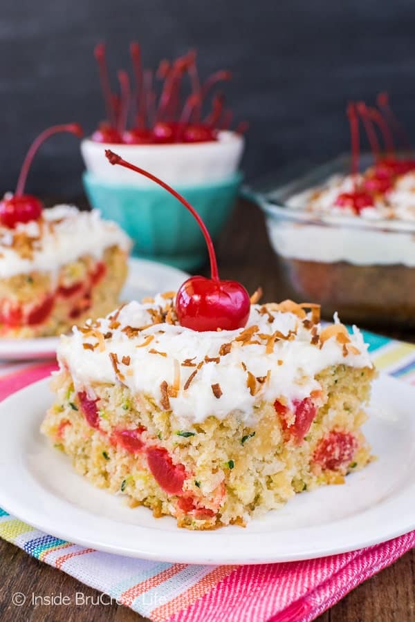 Pina Colada Zucchini Cake - this soft fluffy cake is loaded with fruit and veggies. Great tropical recipe for all those green veggies in your garden!