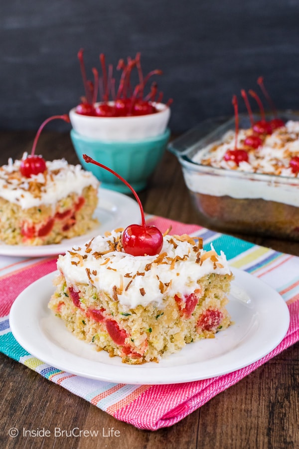 Pina Colada Zucchini Cake - adding coconut and pineapple gave this zucchini cake a fun tropical flair. Great summer dessert recipe!