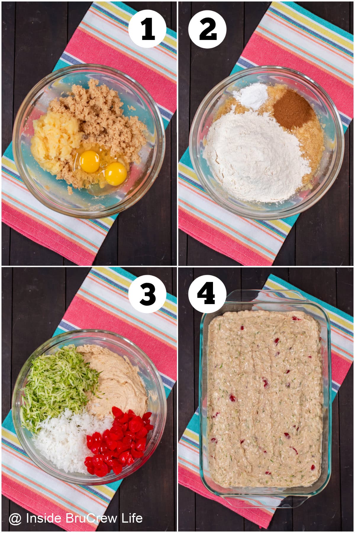 Four pictures collaged together showing how to make a zucchini cake with pineapple.