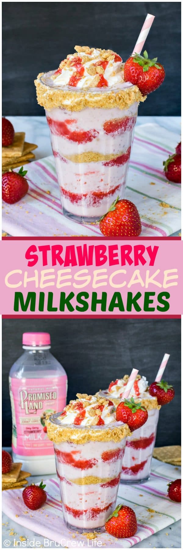 Strawberry Cheesecake Milkshakes - the layers of strawberry sauce, milkshake, and graham cracker crumbs makes this one amazing frozen drink. Easy recipe for a hot summer day!