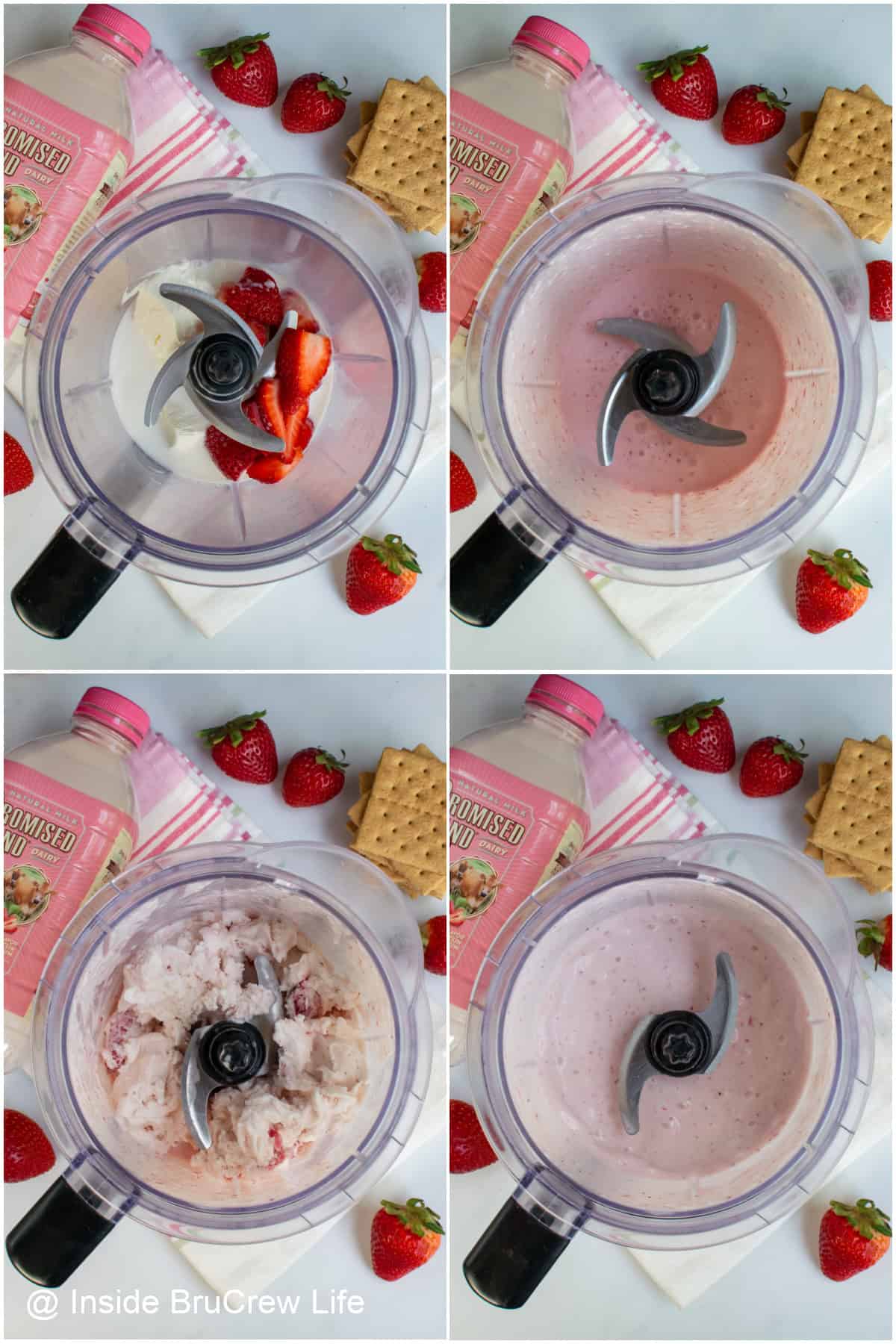 Step by step photos showing how to make a strawberry cheesecake milkshake.