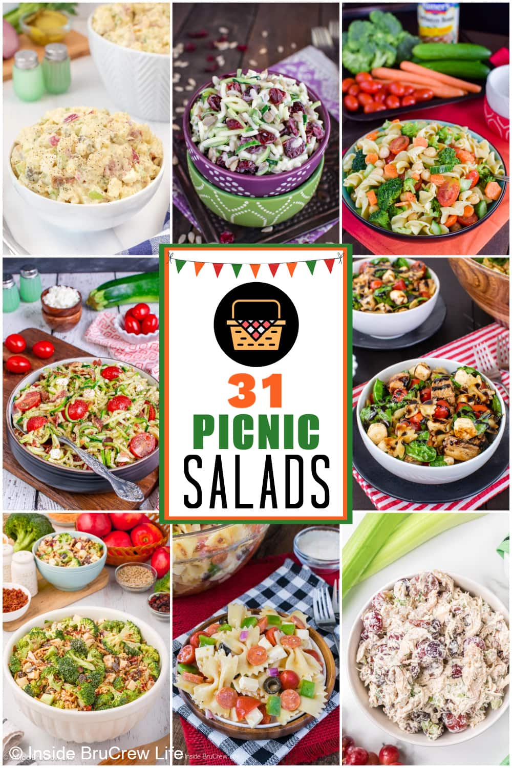 A collage of salad pictures with a white text box.