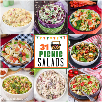 A square collage of salad pictures with a white text box.