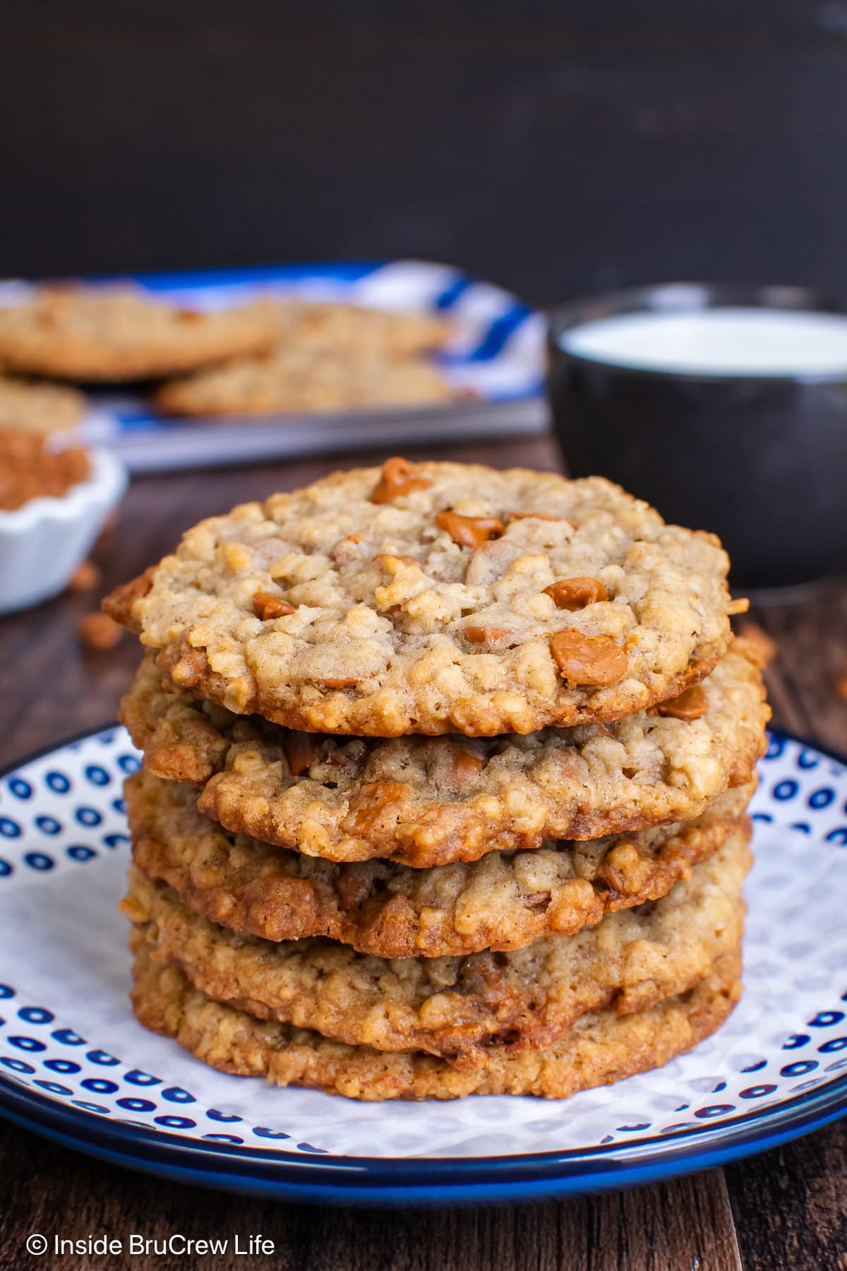 A stack of oatmeal cookies with cinnamon chips on a blue and white plate.