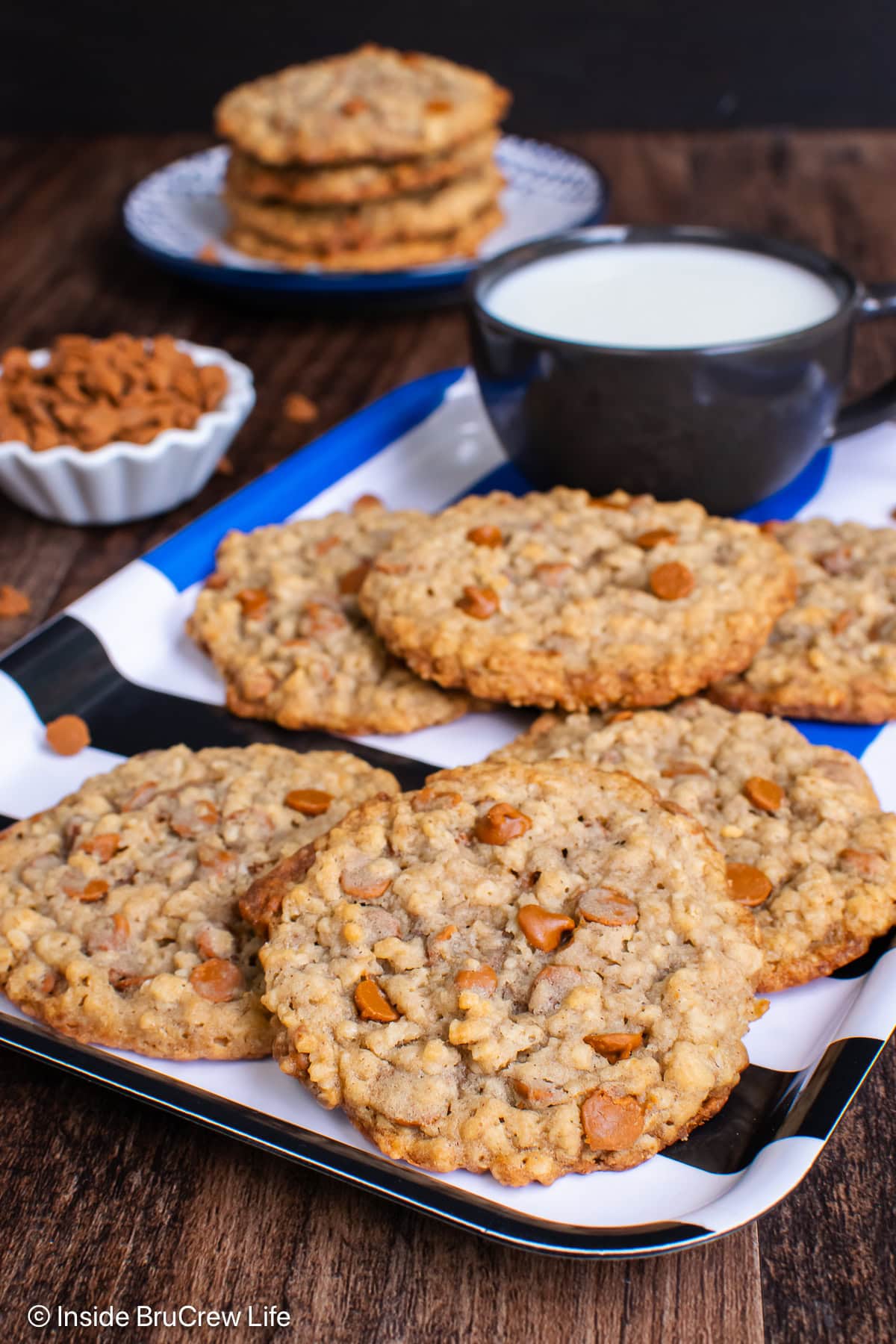 A tray of banana oat cookies with cinnamon chips on it.