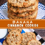 Two pictures of banana cinnamon cookies collaged with a dark orange text box.