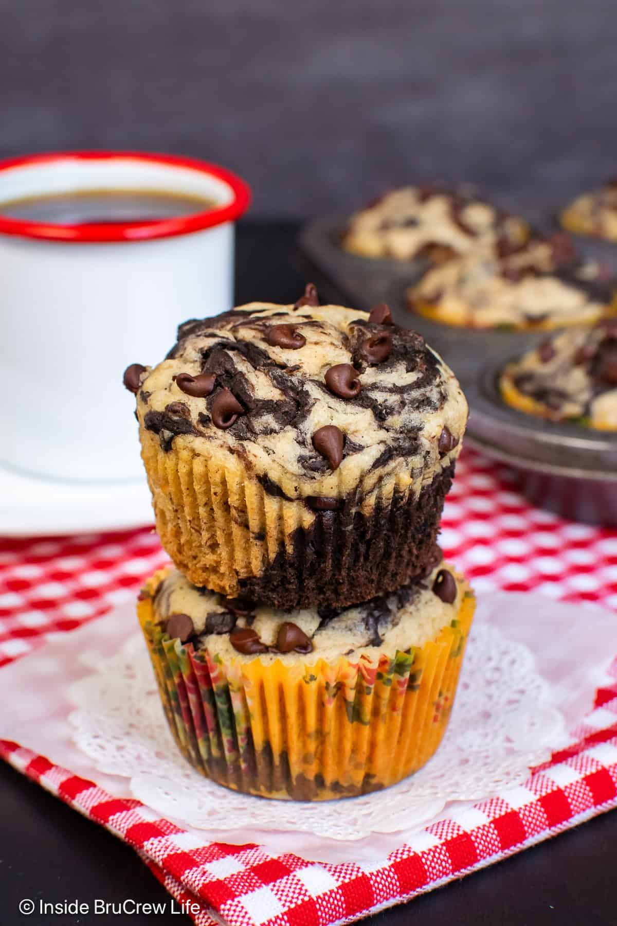 Two marble muffins stacked on each other.