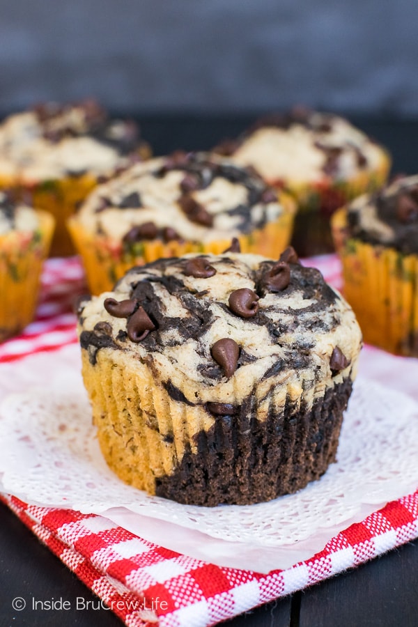 Chocolate Banana Marble Muffins - these sweet breakfast muffins have swirls of chocolate and banana in each bite. Great recipe for busy mornings!