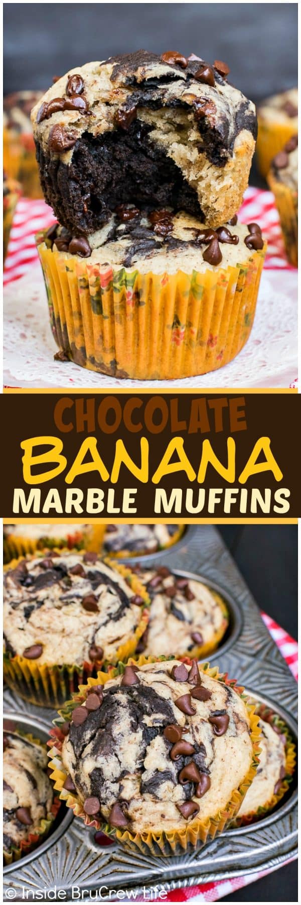 Chocolate Banana Marble Muffins - sweet swirls of chocolate and banana make these the best breakfast muffins! Great healthy recipe for busy mornings!