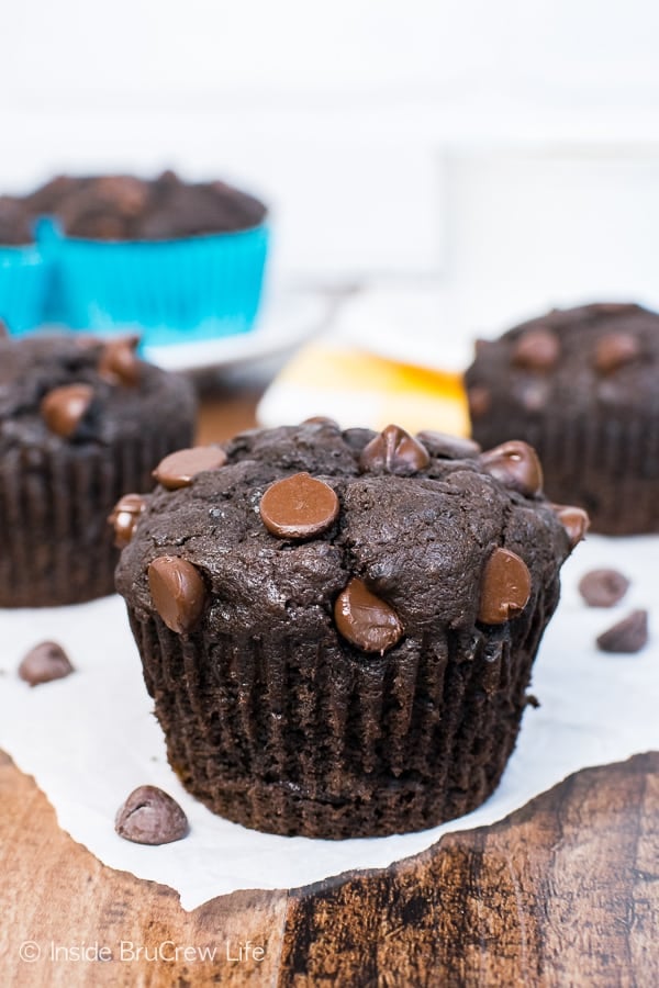 Dark Chocolate Banana Muffins - lots of banana and dark chocolate make these muffins a great breakfast recipe for busy mornings!