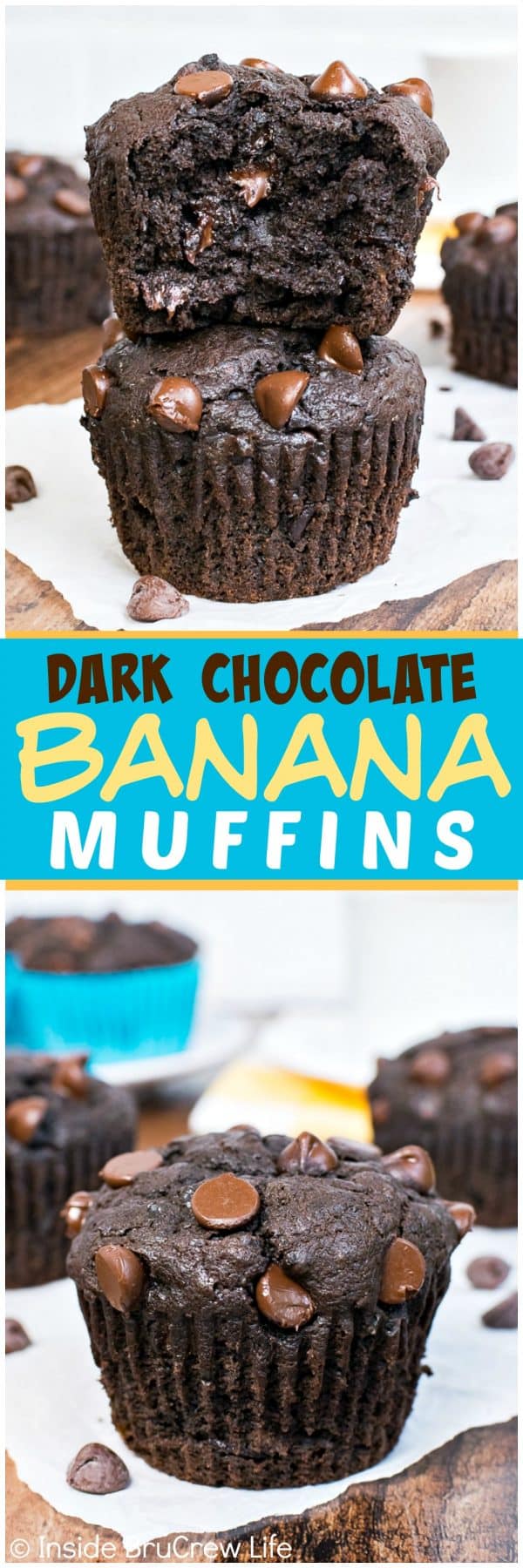 Dark Chocolate Banana Muffins - two times the dark chocolate and lots of ripe bananas give these muffins a rich and decadent texture. Great muffin recipe for busy mornings!