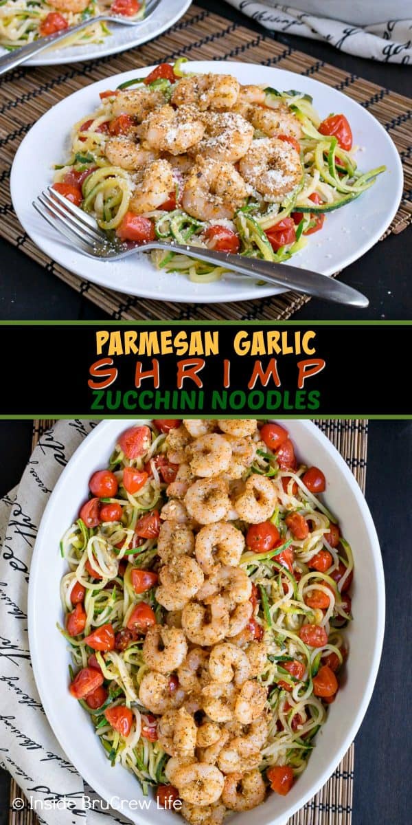 Two pictures of parmesan garlic shrimp zucchini noodles collaged together with a black text box