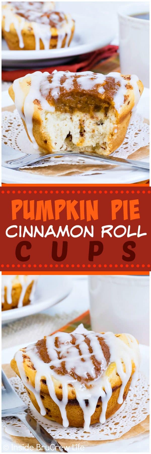 Pumpkin Pie Cinnamon Roll Cups - a sweet pumpkin pie center makes these little cinnamon rolls the perfect breakfast treat. Easy recipe for fall.