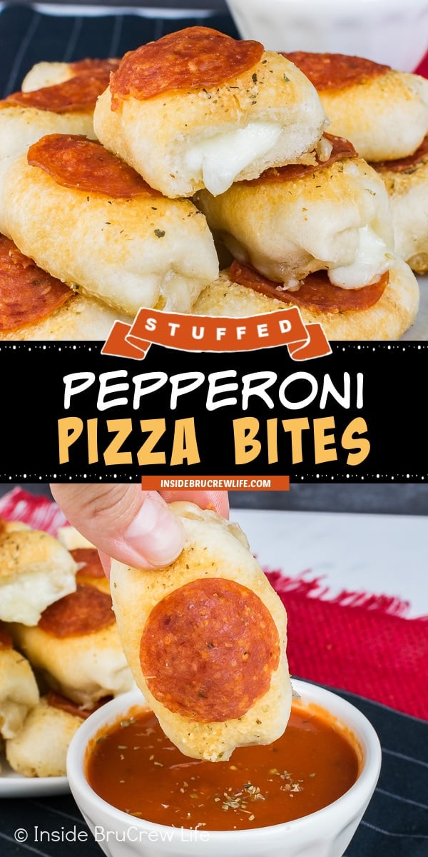 Two pictures of Pepperoni Pizza Bites collaged together with a black text box.