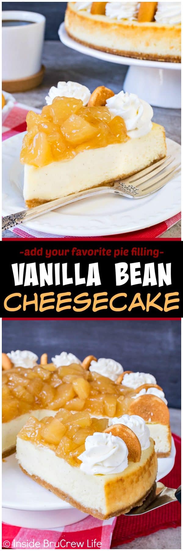 Vanilla Bean Cheesecake - this easy creamy cheesecake is loaded with vanilla flavor. Top it with your favorite pie filling and homemade vanilla bean whipped topping. Great recipe for dinner parties!