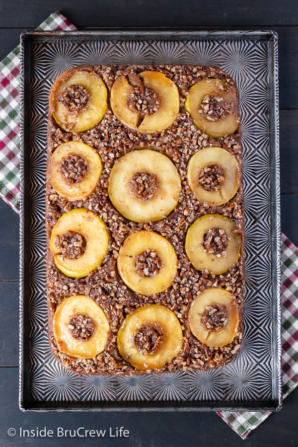 Overhead picture of a sheet pan with a caramel apple upside down cake on it.