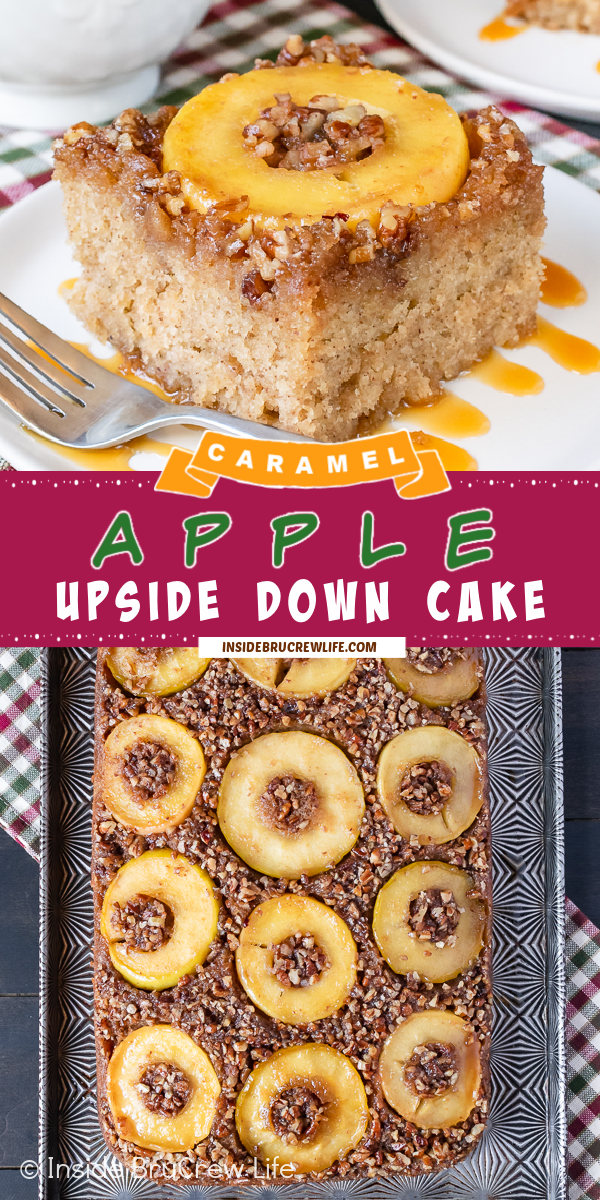 Two pictures of Apple Upside Down Cake collaged together with a burgundy text box.