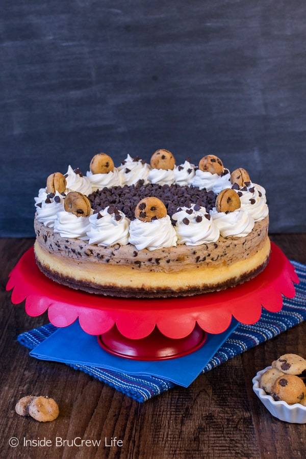 Chocolate Chip Cookie Mousse Cheesecake - layers of cheesecake, cookie mousse, and chocolate chips makes a delicious dessert. Great recipe to end any meal with.