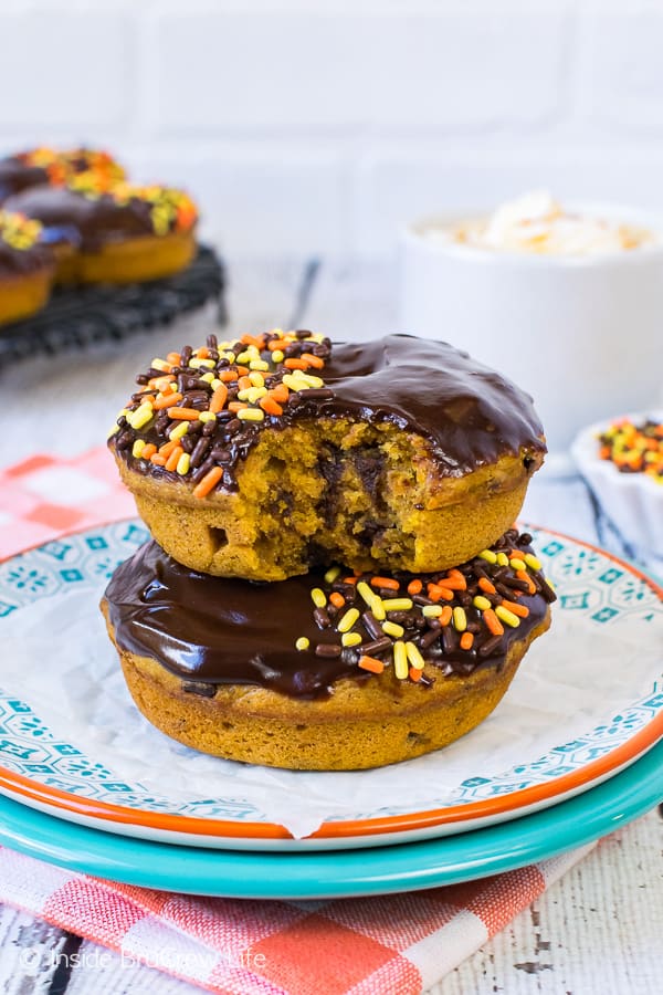 Chocolate Chip Pumpkin Donuts - these soft dense pumpkin donuts are full of chocolate goodness. Perfect recipe for fall mornings!