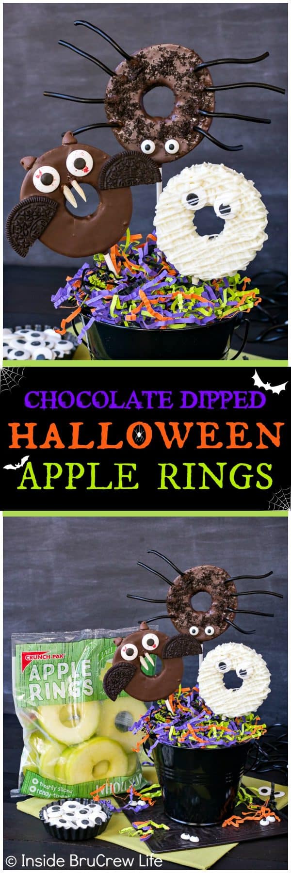 Chocolate Dipped Halloween Apple Rings - candy eyes and cookies add a fun twist to these easy chocolate covered apples. Easy no bake recipe for Halloween parties!