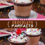 Two pictures of chocolate parfaits collaged with a brown text box.