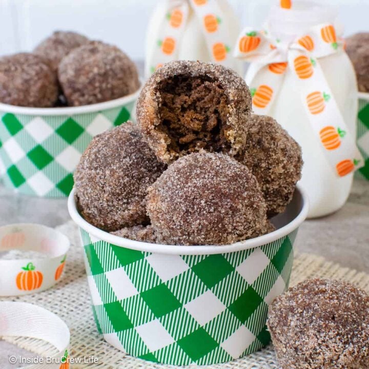 Chocolate pumpkin mini donuts with sugar in a green and white container.