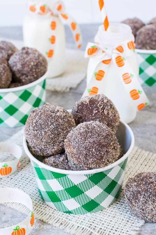 Chocolate Pumpkin Spice Donut Holes - soft fluffy donuts with a crunchy sugar coating. Best fall breakfast recipe!