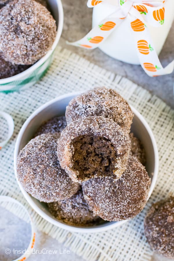 Chocolate Pumpkin Spice Donut Holes - these soft little donut holes are coated in butter and sugar. Awesome recipe for fall breakfast!