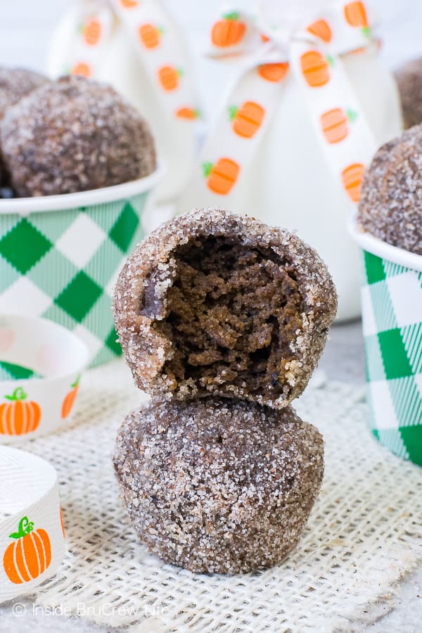 Chocolate Pumpkin Spice Donut Holes - the crunchy sugar coating will make these your new favorite fall recipe! These are a must make for breakfast!