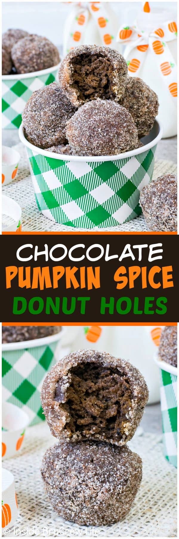 Chocolate Pumpkin Spice Donut Holes - little soft donut holes coated in a crunchy sugar coating makes an awesome breakfast treat. This is a must make recipe for fall!