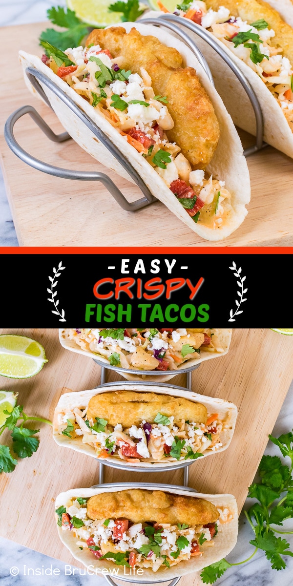 Two pictures of crispy fish tacos collaged together with a black text box