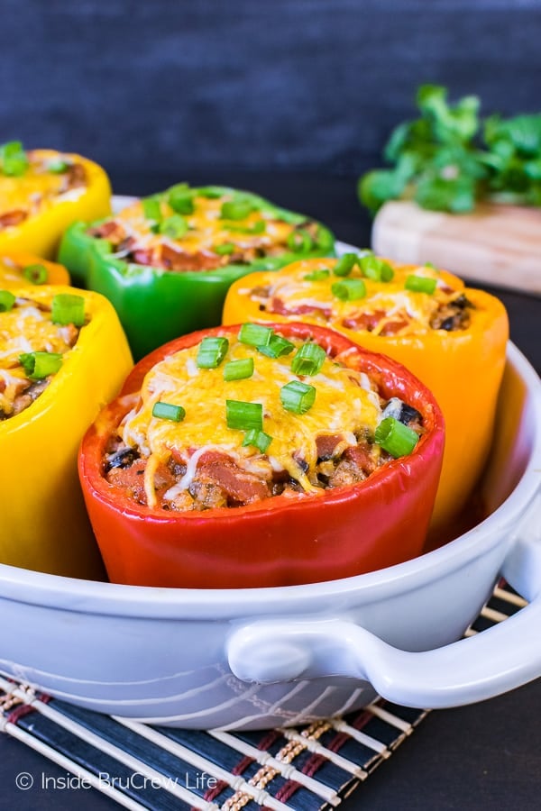 Healthy Stuffed Peppers - each pepper is stuffed with meat and veggies and makes a great dinner. Easy recipe to make when you are eating healthy!