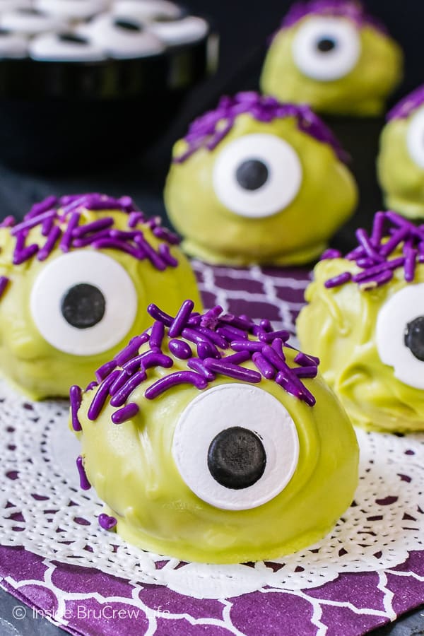 Peanut Butter Monsters - purple sprinkles and candy eyes make these easy no bake treats a fun recipe for Halloween parties!