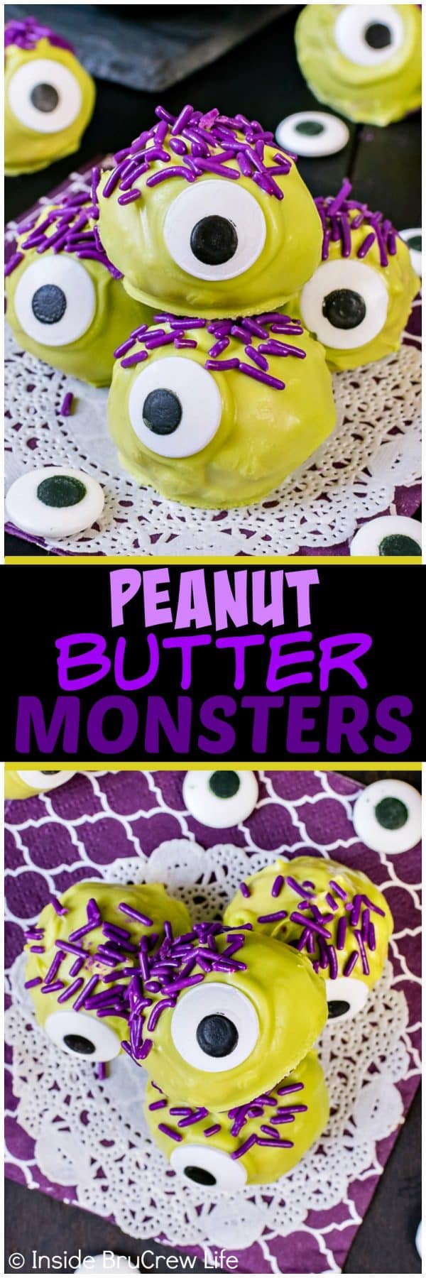 Peanut Butter Monsters - big candy eyes, green chocolate, and purple sprinkles turn these candies into a fun treat. Easy no bake recipe for halloween parties!