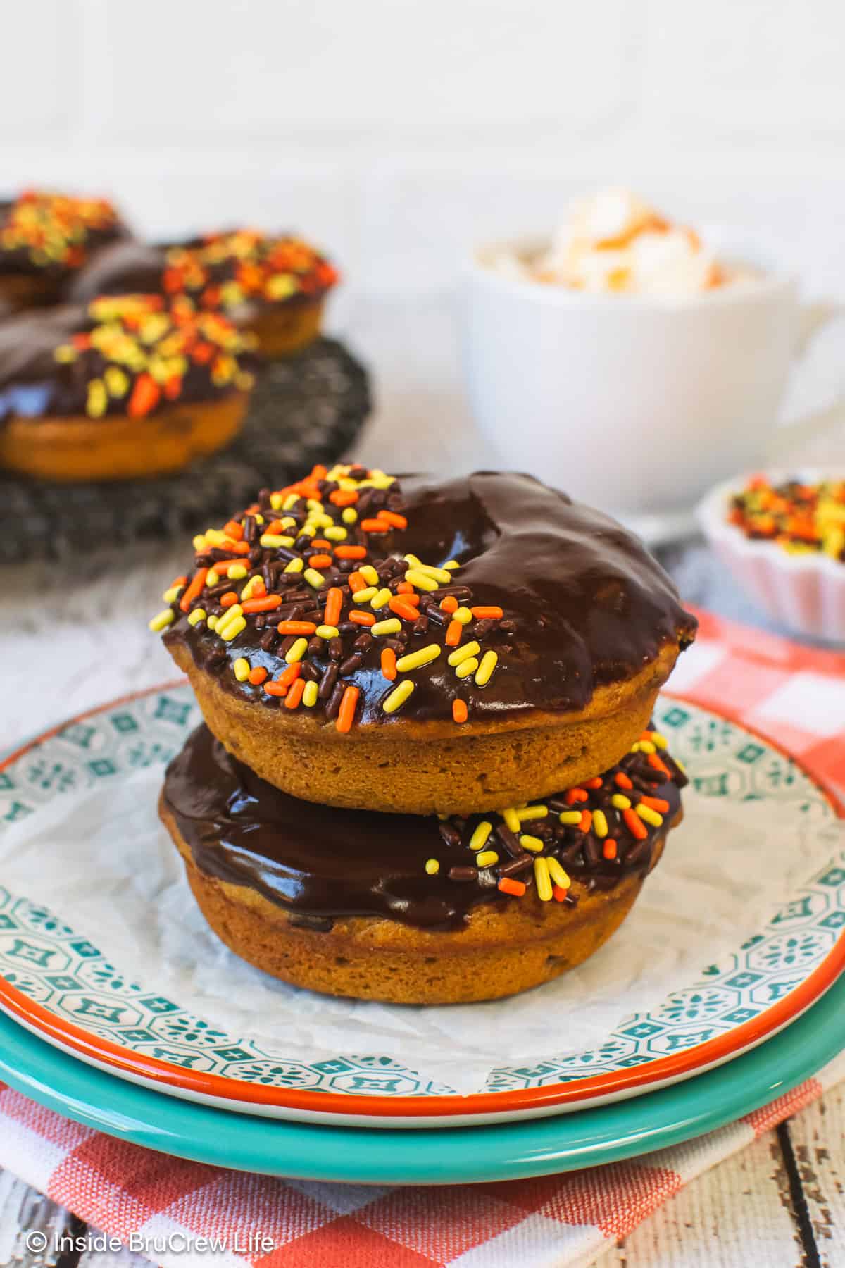 Two chocolate frosted pumpkin donuts on a plate.