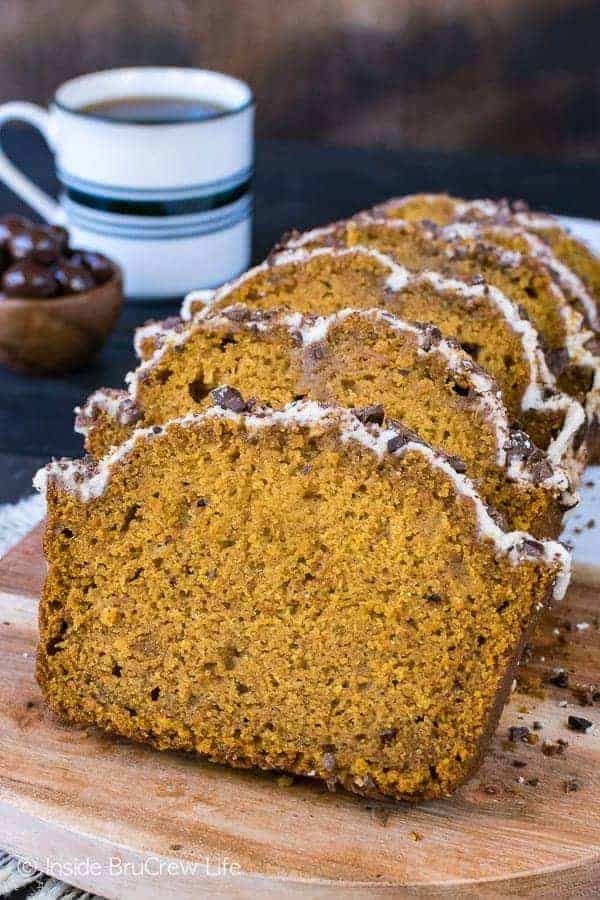 Pumpkin Spice Latte Bread - sweet pumpkin bread with a coffee glaze and chocolate covered coffee beans. Such an easy sweet bread recipe for fall!