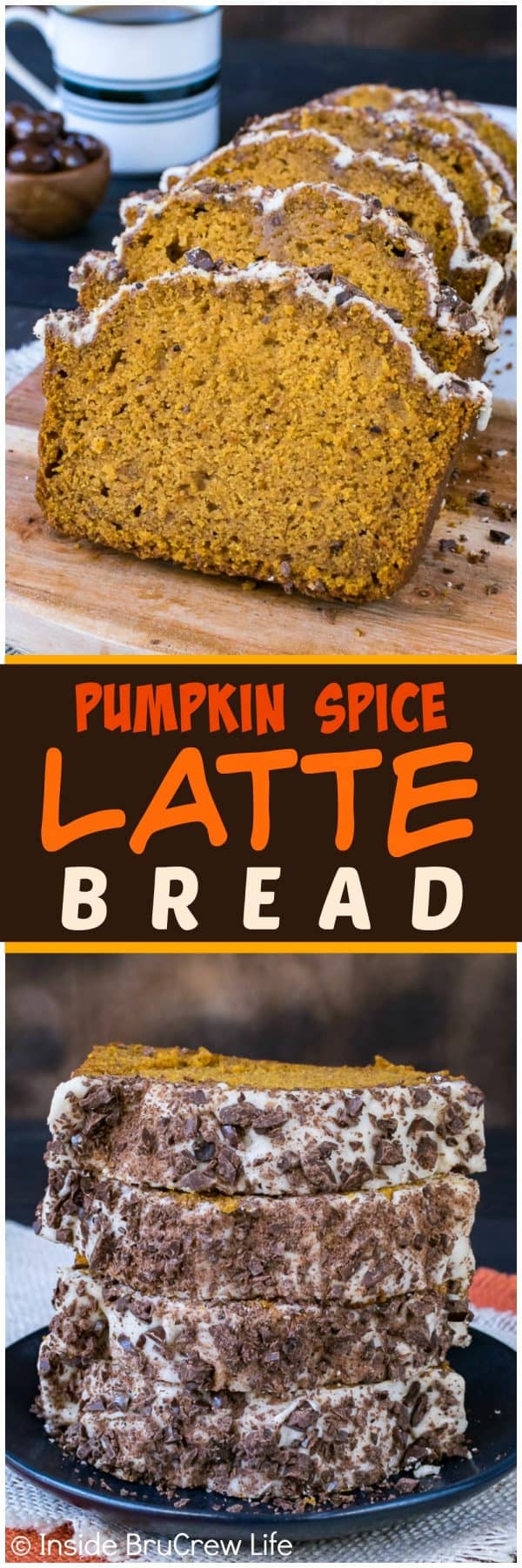 Pumpkin Spice Latte Bread - this sweet pumpkin bread has a coffee glaze & chocolate covered coffee beans. Great recipe for fall breakfast!