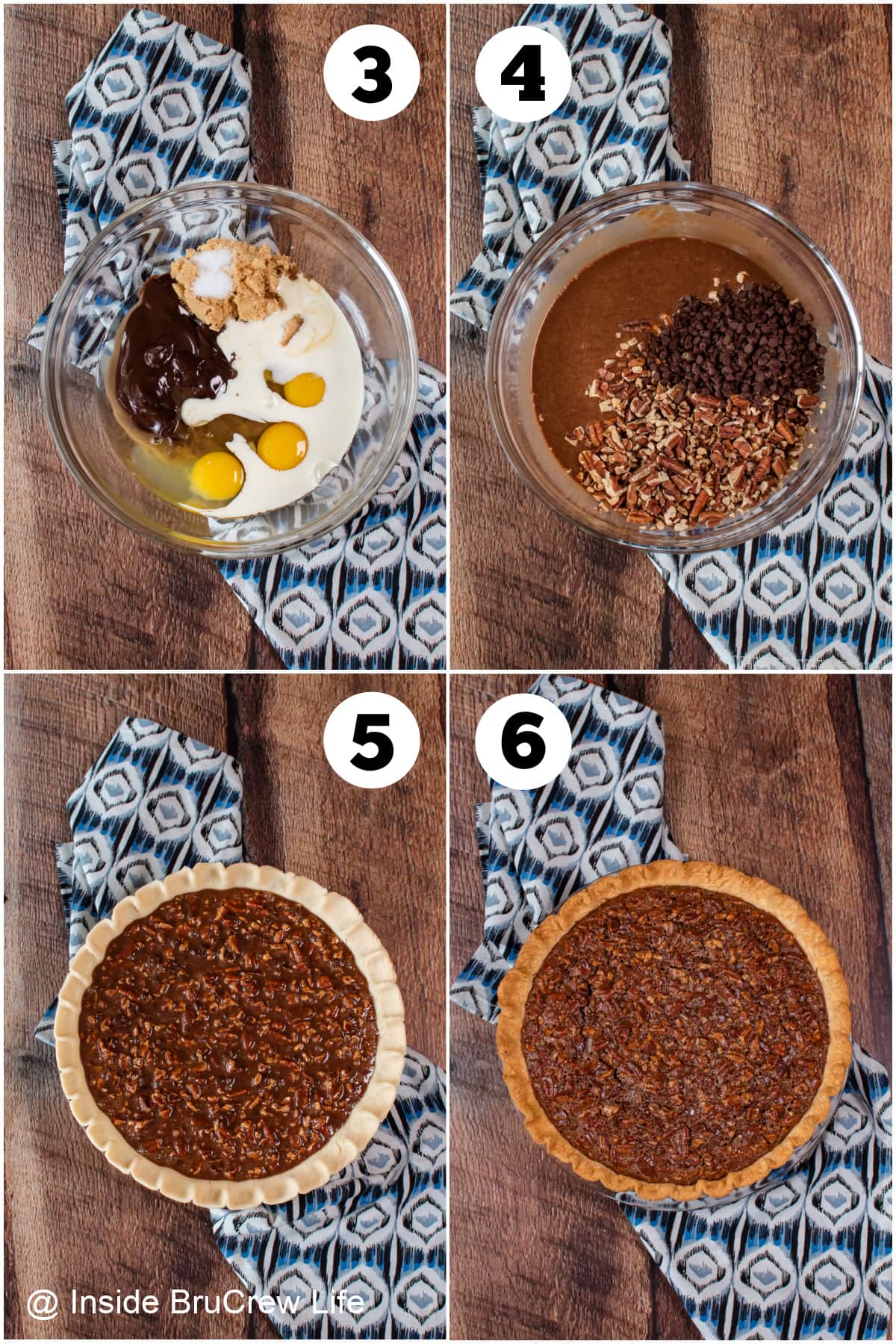 Four pictures collaged together showing how to make a chocolate nut pie.