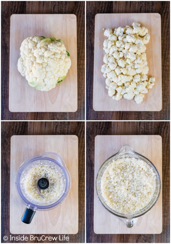 Four pictures collaged together showing the steps to chopping, grating, and cooking homemade cauliflower rice.