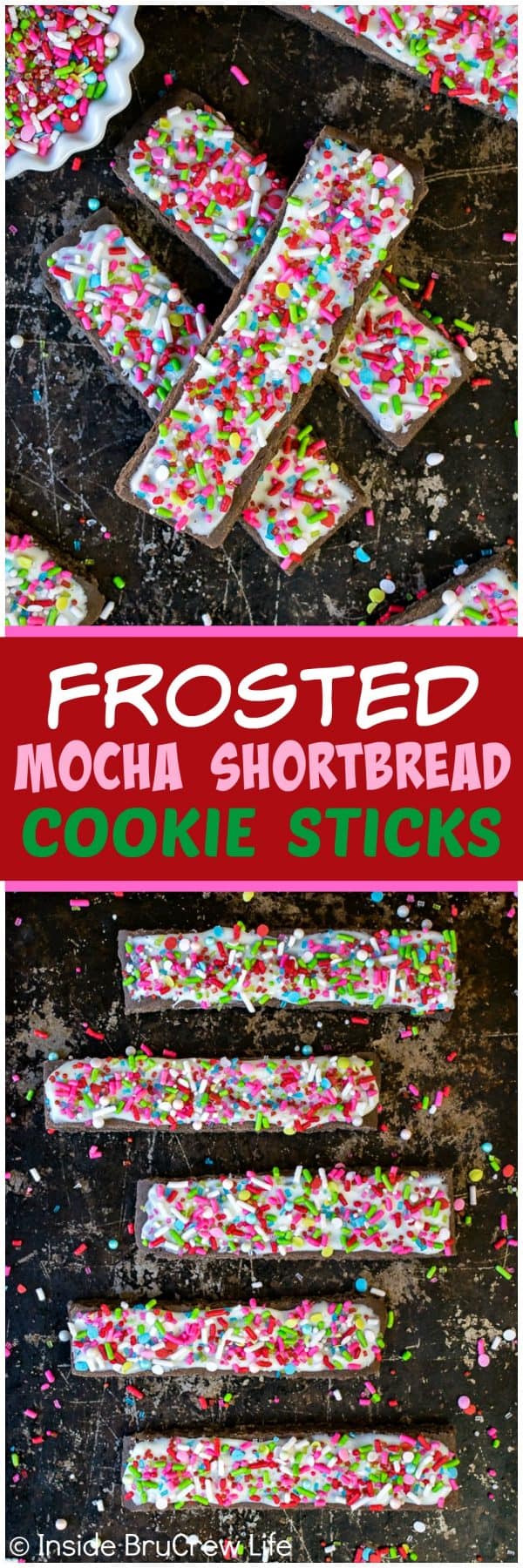 Frosted Mocha Shortbread Cookie Sticks - easy cookie sticks topped with white chocolate and lots of colorful sprinkles. Great recipe for holiday cookie exchanges or Christmas parties!