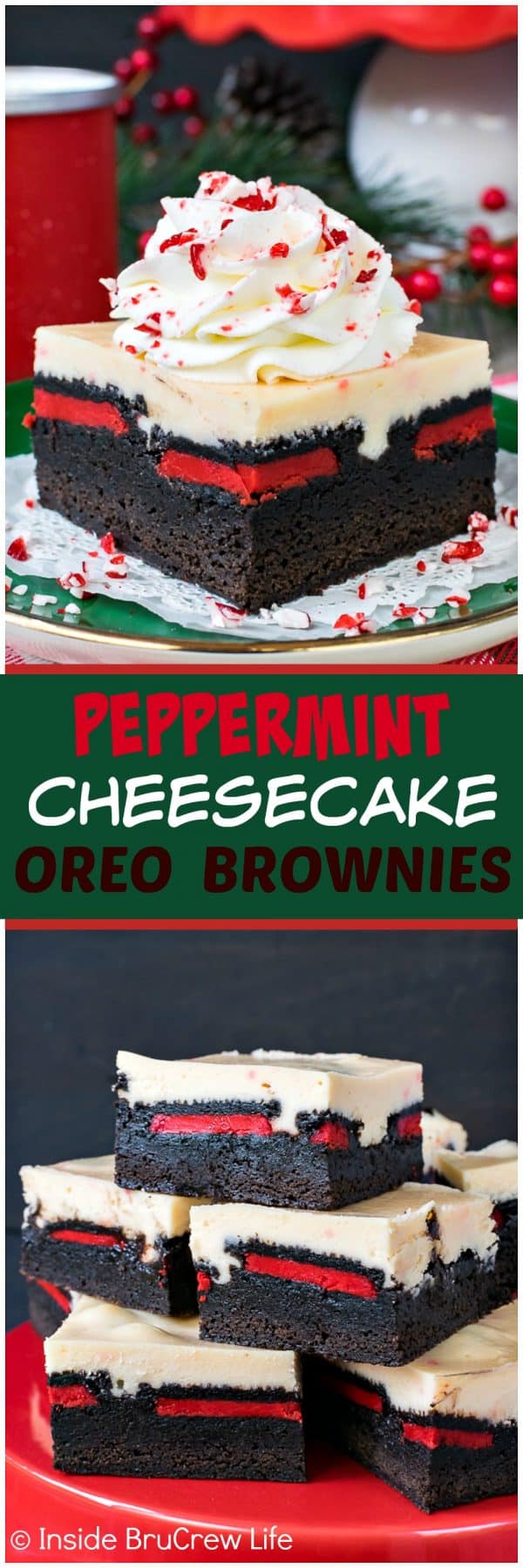 Peppermint Cheesecake Oreo Brownies - layers of homemade brownies, cookies, and cheesecake creates an amazing and delicious holiday dessert. Great recipe for Christmas parties!