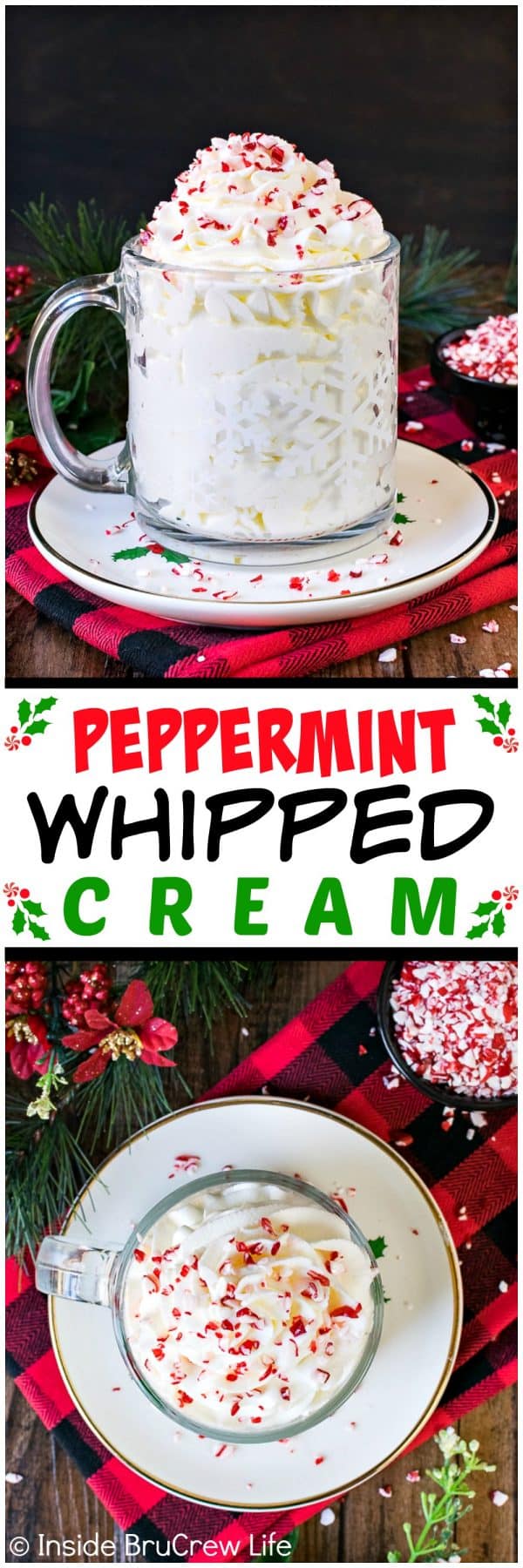 Peppermint Whipped Cream - this creamy homemade topping adds so much fun and flavor to Christmas desserts. Great recipe for holiday parties!