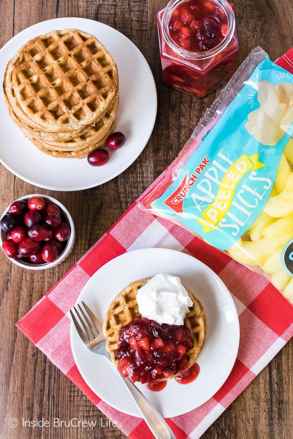 Spiced Apple Waffles - easy homemade waffles topped with apple cranberry sauce makes a delicious breakfast. Easy recipe to make ahead of time!