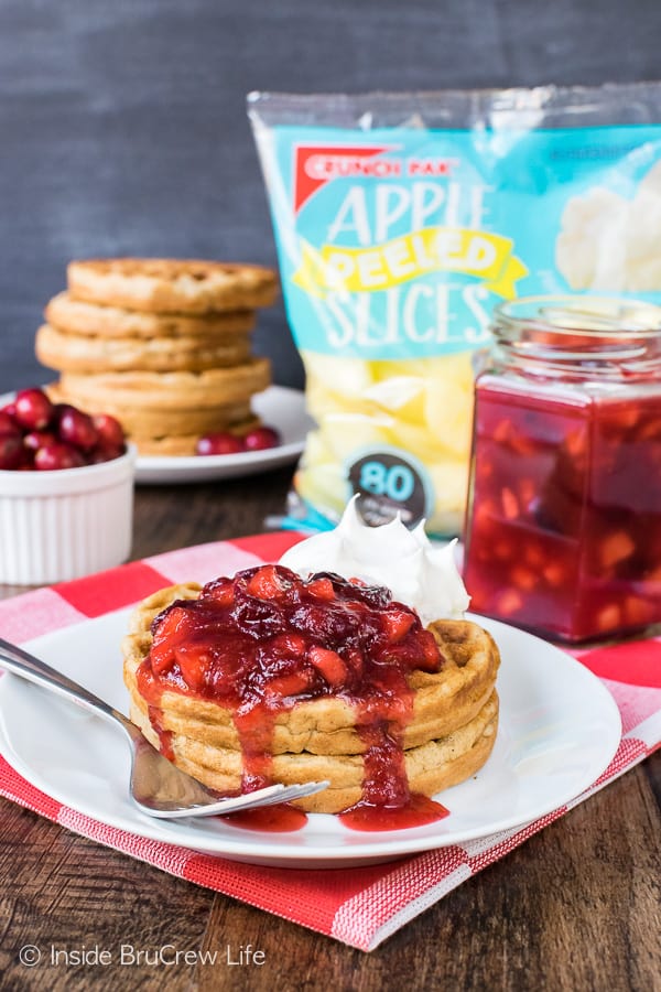 Spiced Apple Waffles - a maple apple cranberry sauce on top of homemade apple waffles makes a great breakfast recipe for busy days!