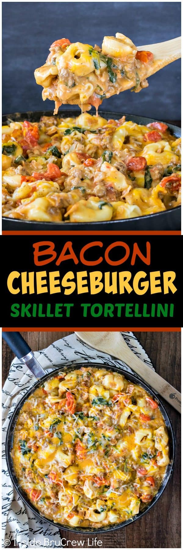 Bacon Cheeseburger Skillet Tortellini - this quick and easy pasta dinner is loaded with meats, veggies, and cheese. Great 30 minute dinner recipe for busy nights!