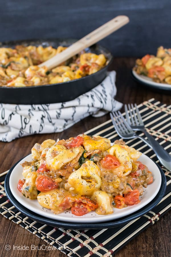 Bacon Cheeseburger Skillet Tortellini - this easy pasta dinner is loaded with veggies, meats, and cheese. Great recipe for busy nights!