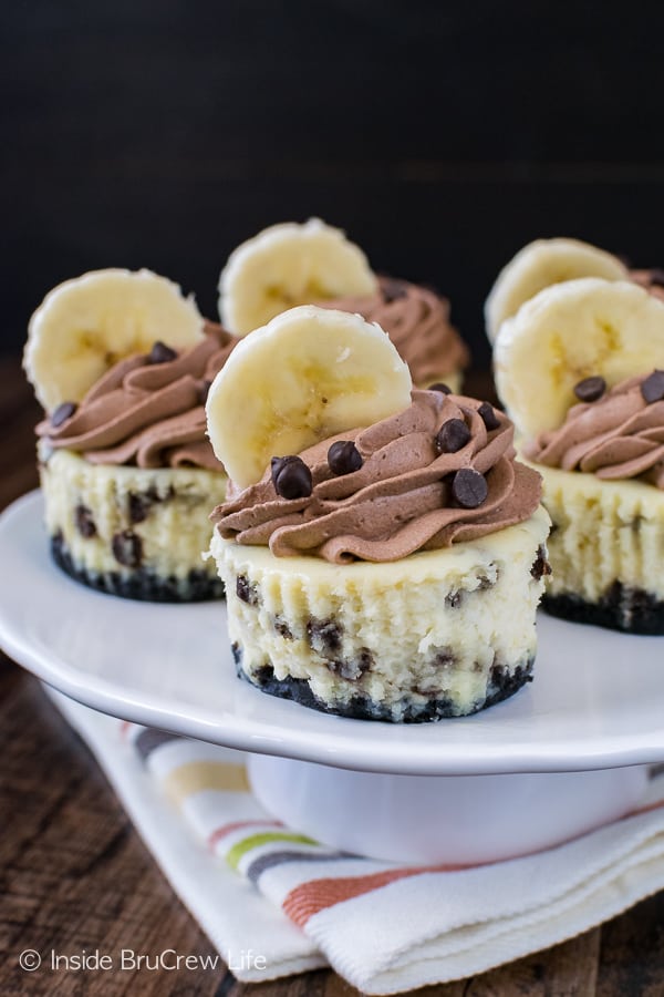 Banana Chocolate Chip Cheesecakes - mini banana cheesecakes loaded with chocolate chips and topped with a homemade chocolate whipped cream are the perfect dessert. Make this easy recipe to share at parties or bake sales.